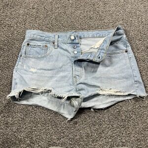 Levis 501 Shorts Womens 32 Blue Button Fly High Rise Distressed Light Wash Denim